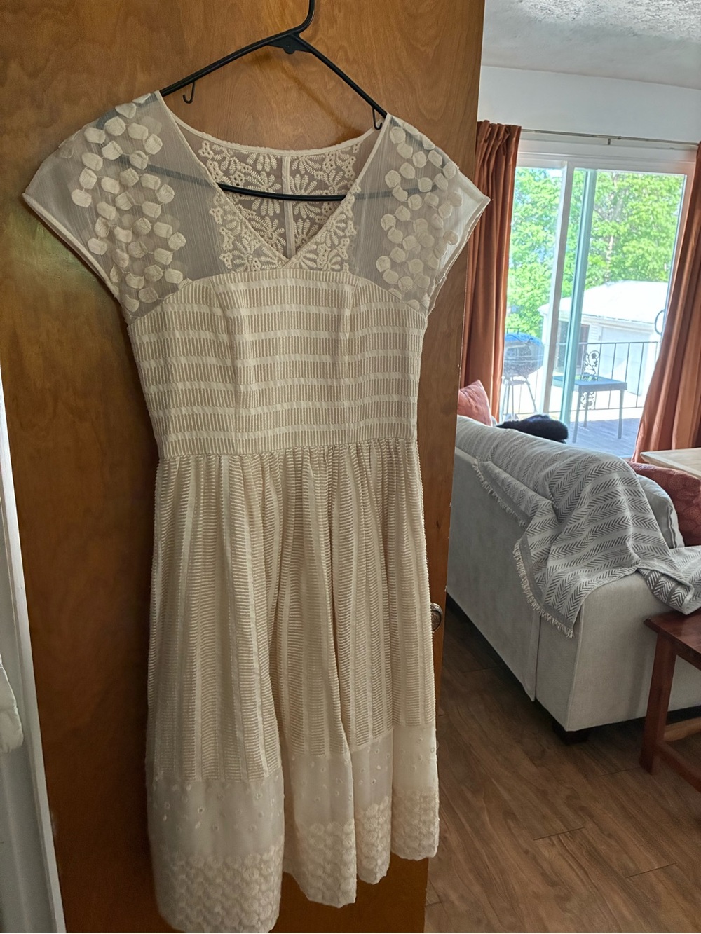Anthropology Cream Lace Midi Dress with Embroidered Yoke
